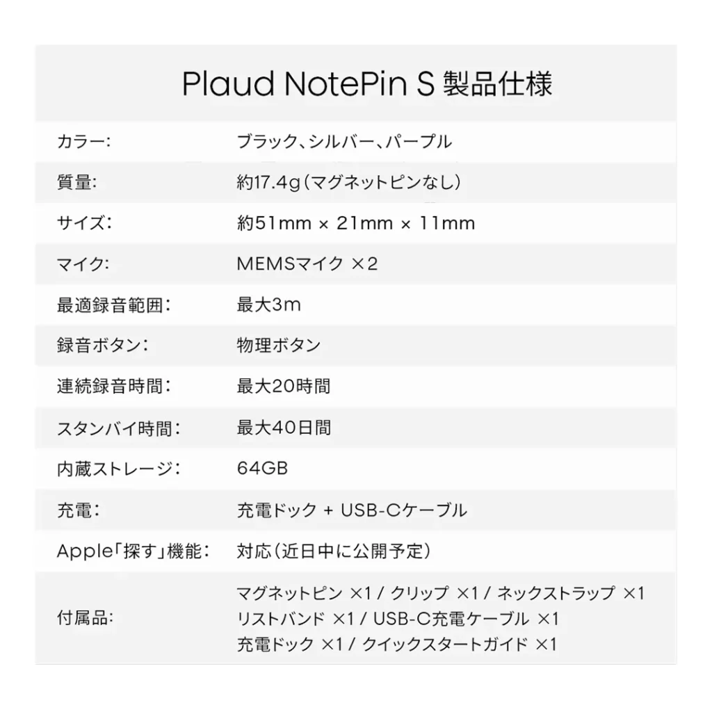 Plaud NotePin Sの基本スペック