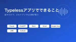 Typelessアプリでできることを示したアイキャッチ。話すだけでClaudeやSlack、Gmailなど複数のアプリで文章を整えられることを表す図