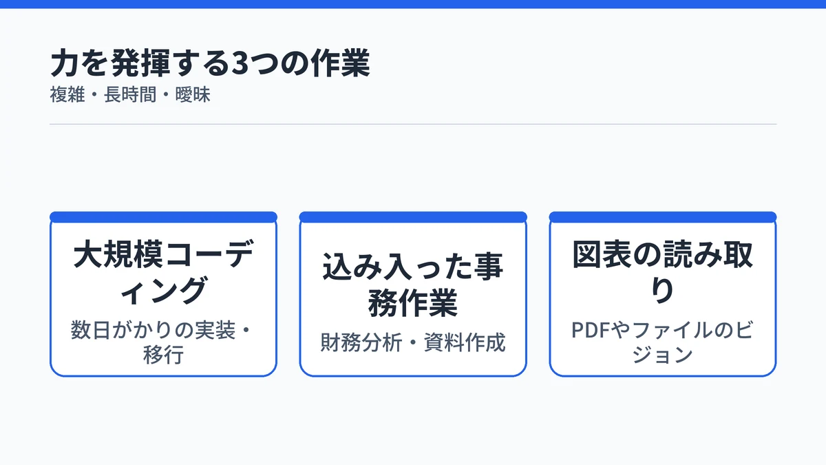 Claude Fable 5が力を発揮する3つの作業(コーディング・事務作業・図表の読み取り)を示す図解