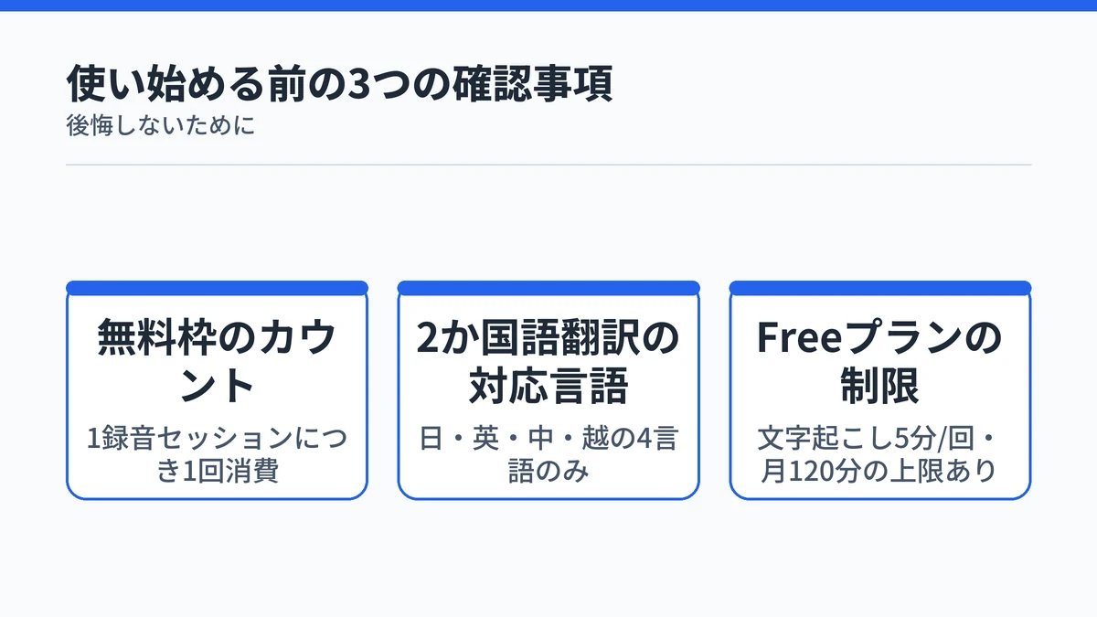 Notta翻訳を使う前に確認すべき3点：無料枠のカウント単位、2か国語翻訳の対応言語数、Freeプランの時間制限