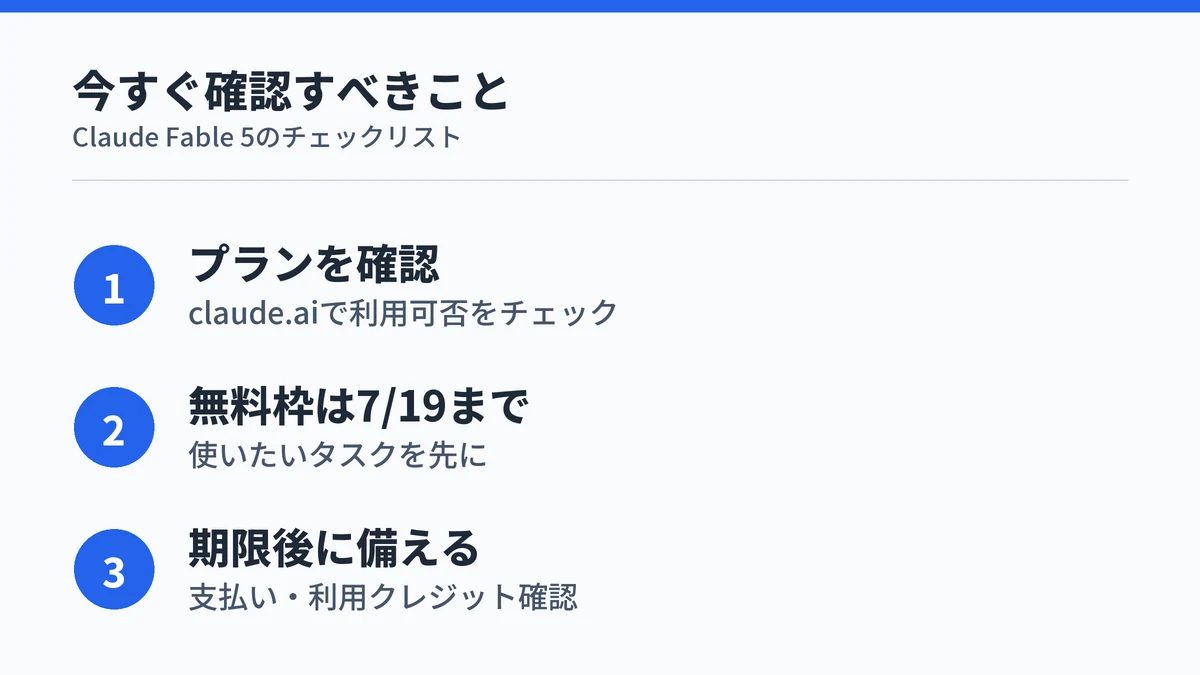 Claude Fable 5を使う前に確認すべき3つのチェックポイントをまとめた図解