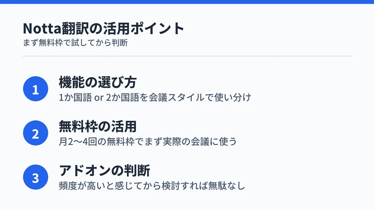 Notta翻訳の活用ポイントまとめ：翻訳モードの選び方、無料枠の活用法、アドオン検討のタイミング
