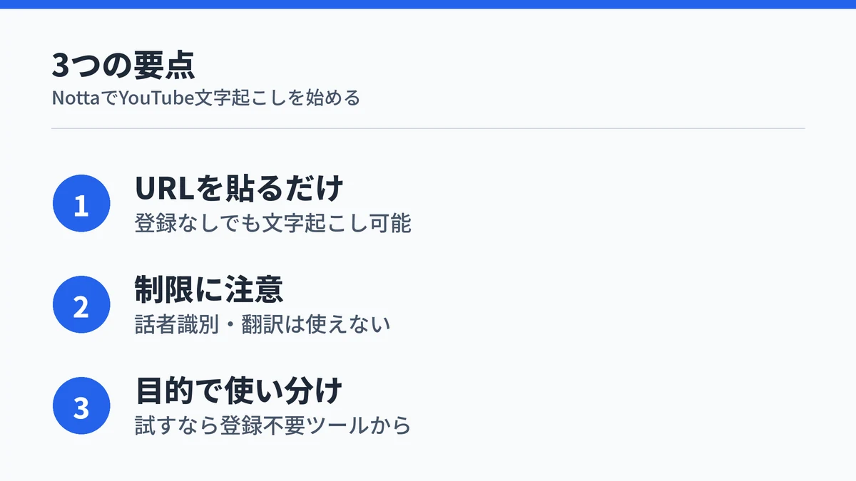 NottaでYouTube文字起こしを使いこなす3つの要点をまとめた図
