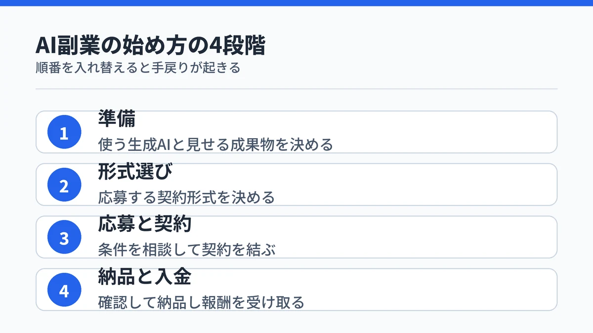 AI副業の始め方を準備・形式選び・応募と契約・納品と入金の4段階で示した手順図