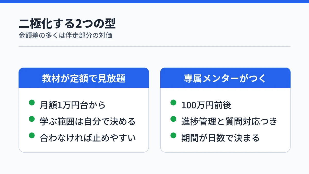 生成AIスクールが定額見放題型と専属メンター型に二極化していることを示す対比図