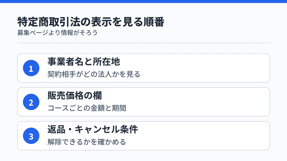 特定商取引法に基づく表示を確認する3つの順番を示す図