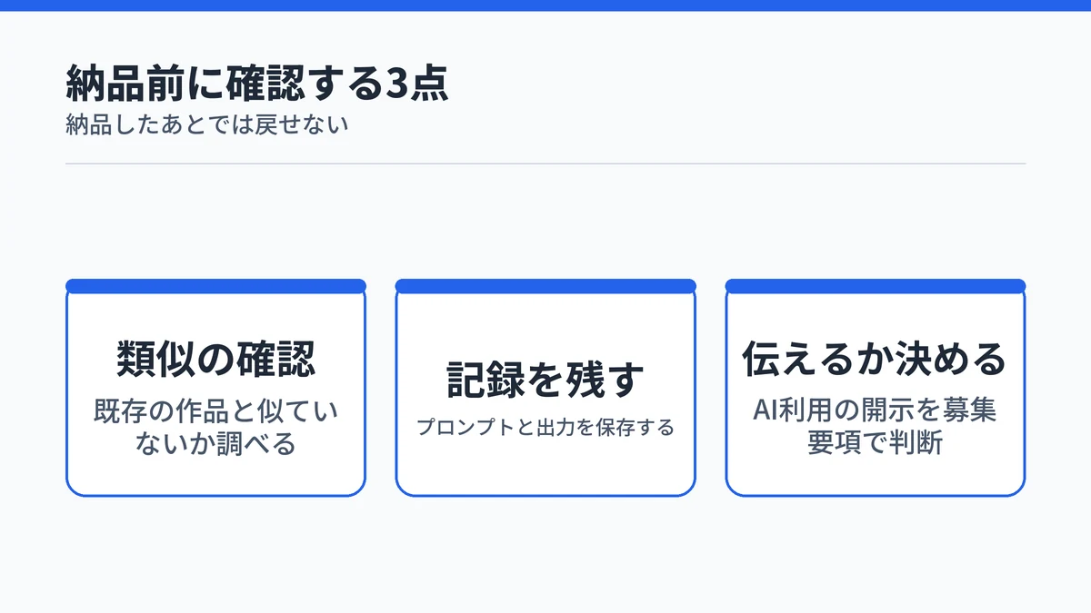 納品前に確認する3点として類似の確認・記録の保存・AI利用の開示判断を並べた一覧図