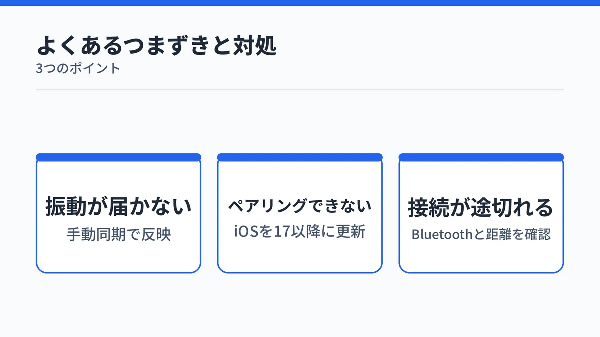 RingConnアプリでよくある振動通知の遅延・ペアリング失敗・接続切れという3つのつまずきポイントと対処法を示す図解