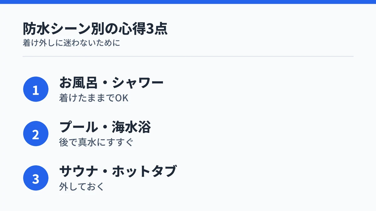 RingConnの防水シーン別の心得3点まとめ。お風呂・シャワーは着けたままでOK、プール・海水浴は後で真水にすすぐ、サウナ・ホットタブは外しておく