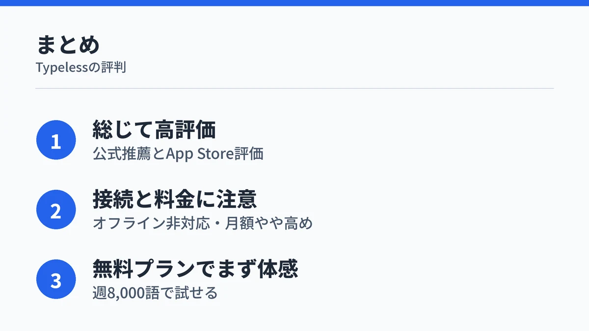 Typelessの評判のまとめ(高評価優勢・接続と料金に注意・無料プランで体感)を示す図