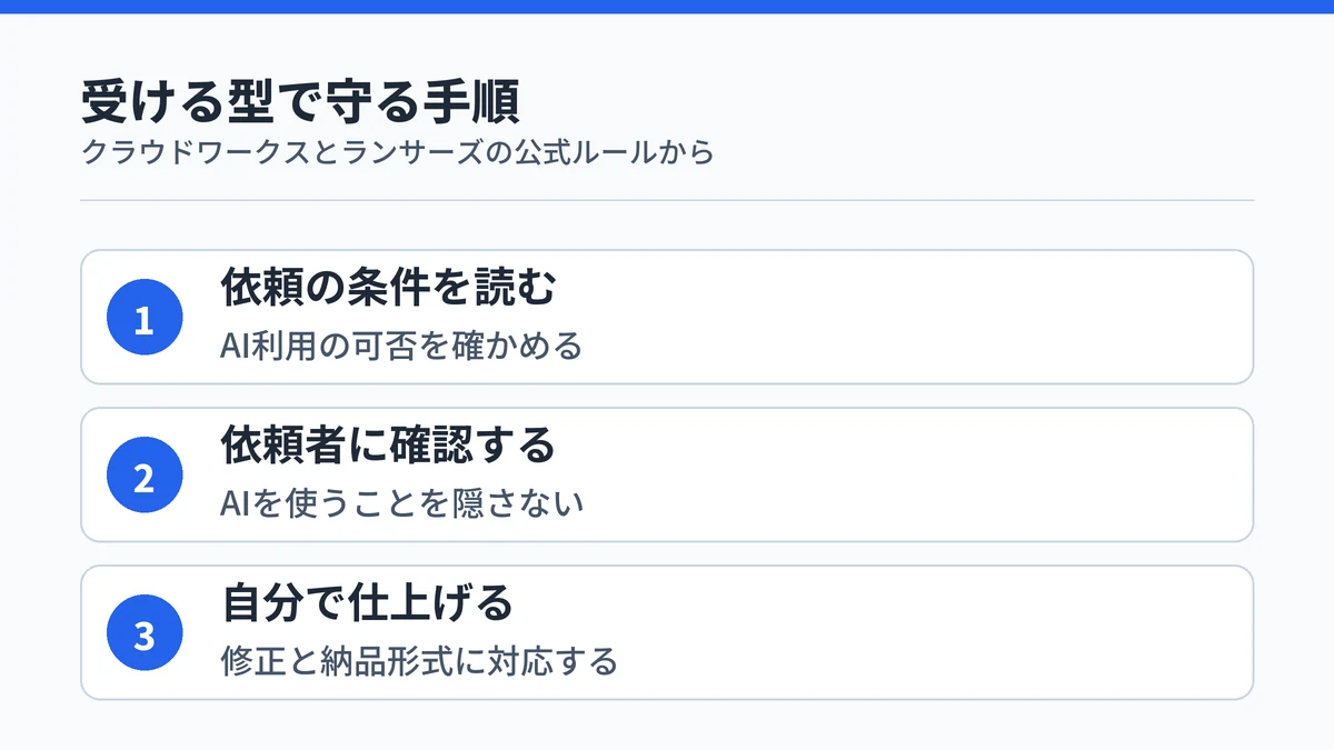 仕事を受ける型でAIを使うときの手順を、条件の確認・依頼者への確認・自分での仕上げの順に並べた図
