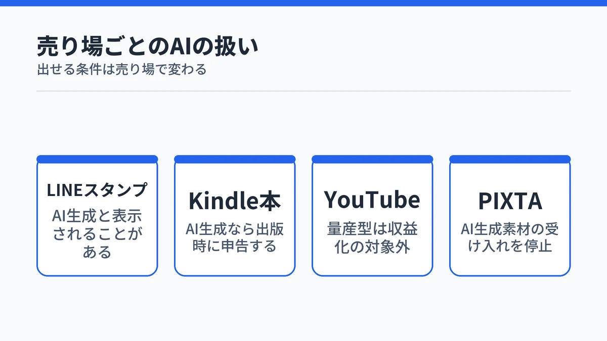 LINEスタンプ、Kindle本、YouTube、PIXTAの4つの売り場で、AIで作ったものの扱いが違うことを示した図