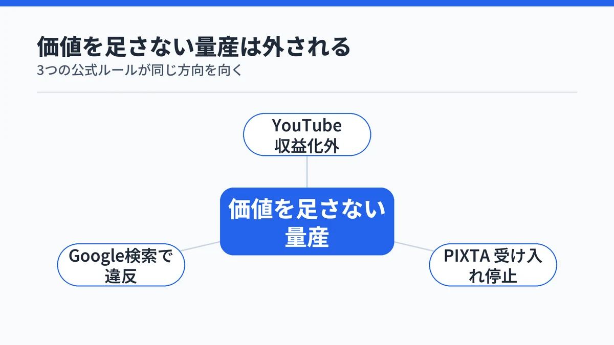 価値を足さない量産が、YouTubeの収益化、PIXTAの受け入れ、Google検索のそれぞれで対象外になることを示した図