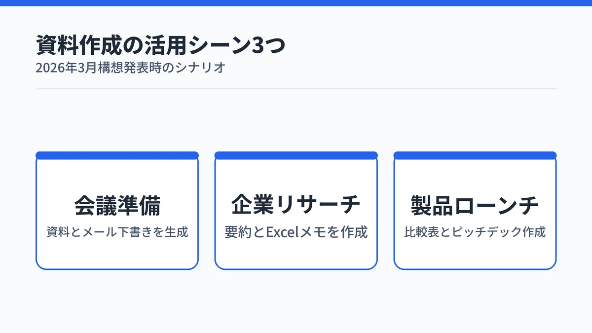 会議準備・企業リサーチ・製品ローンチの資料作成シーン3つ