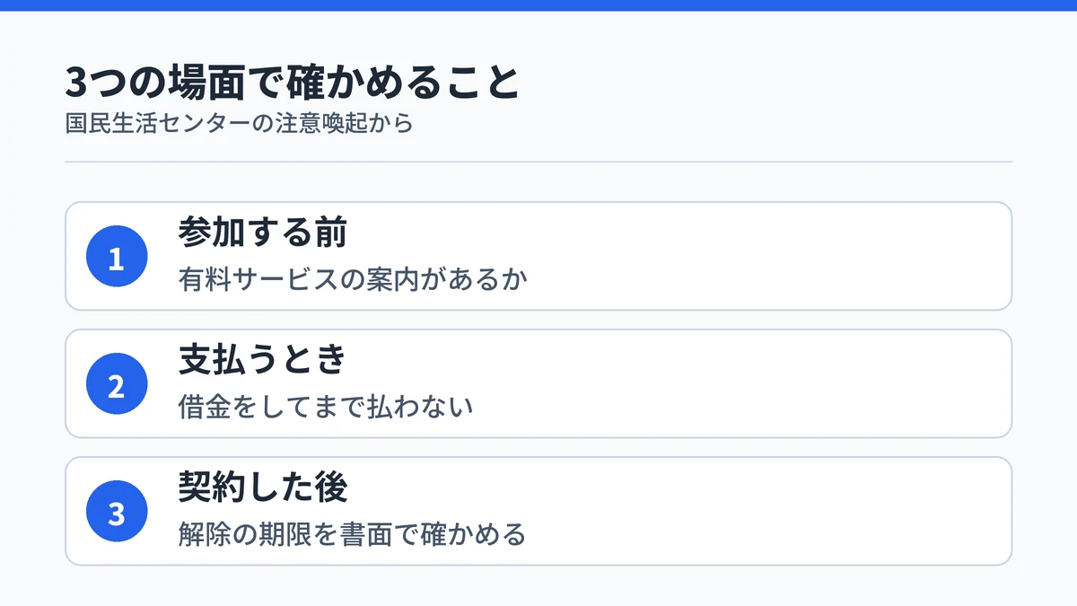 無料セミナーに参加する前、支払うとき、契約した後の3つの場面で確かめることを順に並べた図