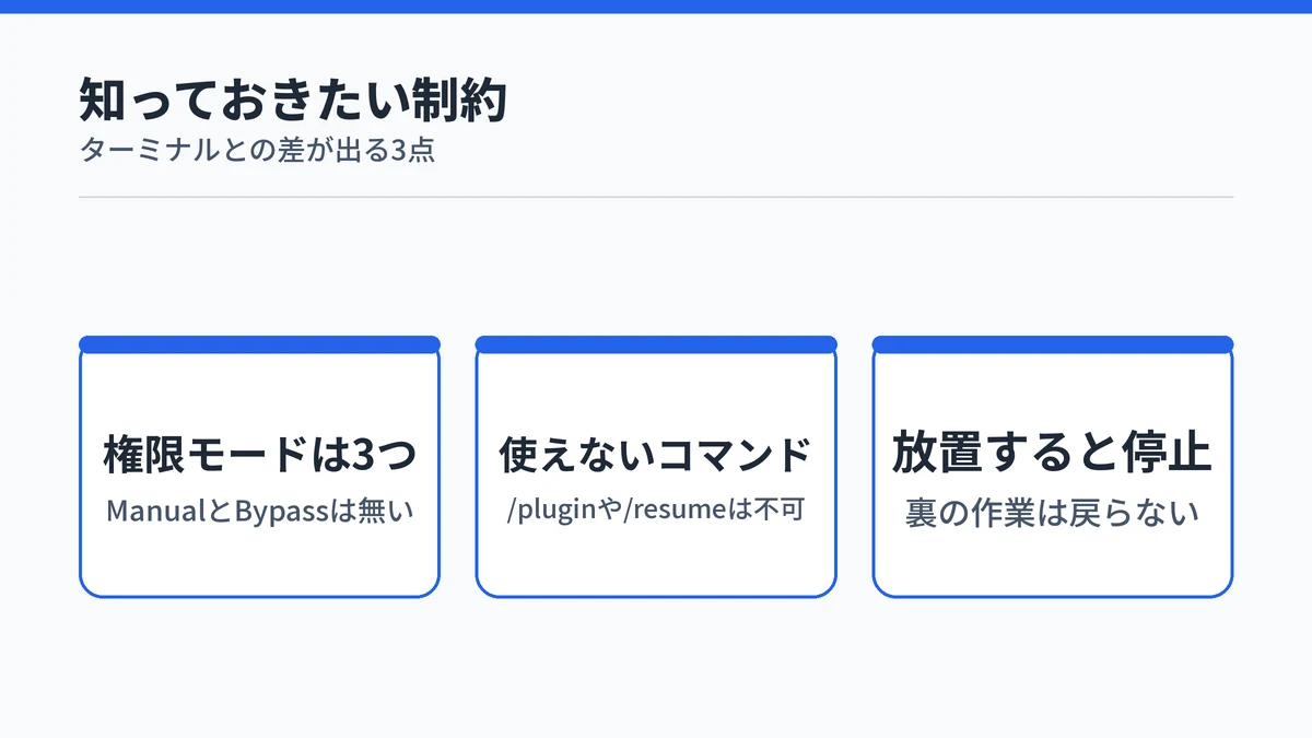 クラウドセッションで知っておきたい3つの制約。選べる権限モードは3つでManualとBypassは無い、/pluginや/resumeなどターミナル専用のコマンドは使えない、放置すると停止して裏で動いていた作業は戻らない