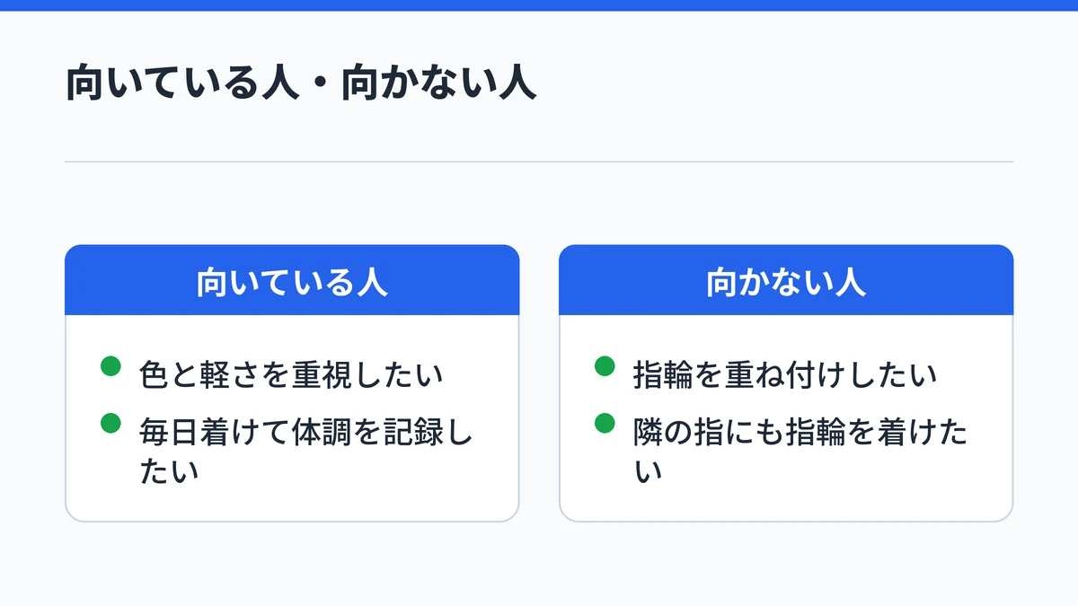 スマートリングは色と軽さを重視して毎日着けたい人に向き、指輪を重ね付けしたい人には向かないことを対比した図