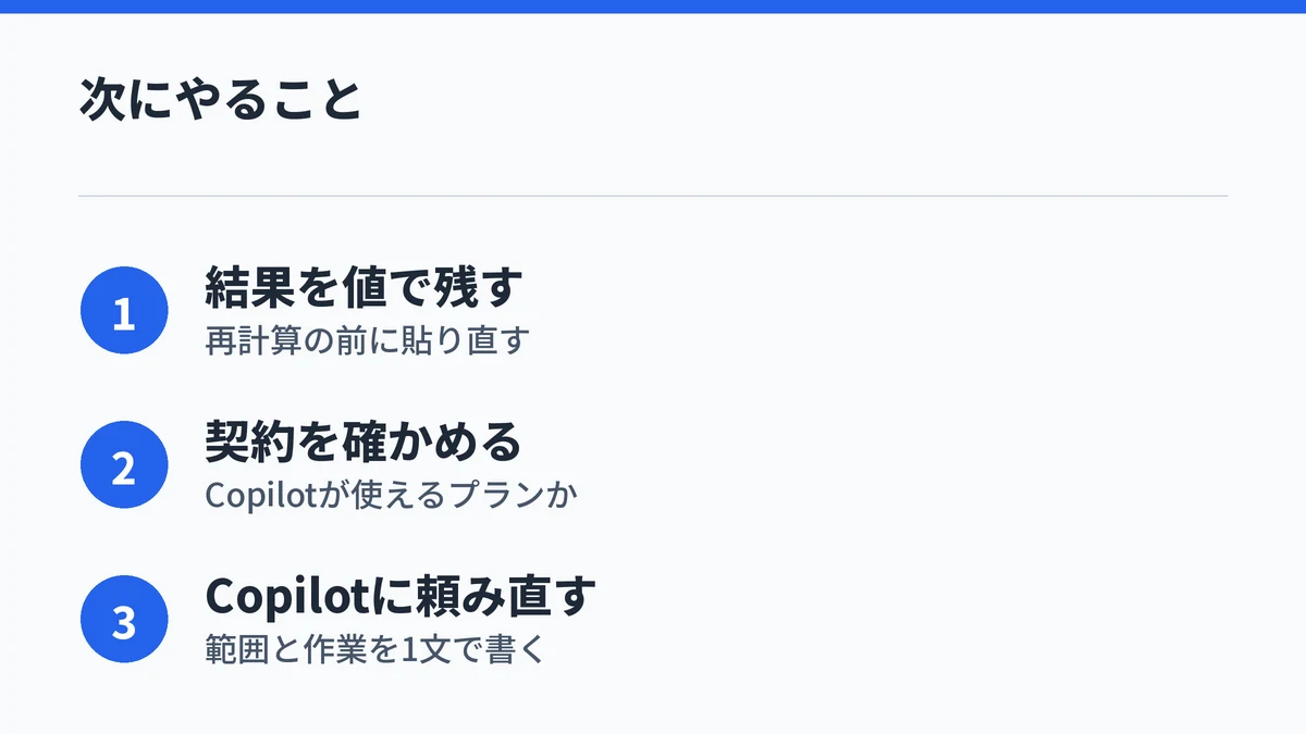 COPILOT 関数のブックを整理してExcelのCopilotへ移るための3つの行動をまとめた図
