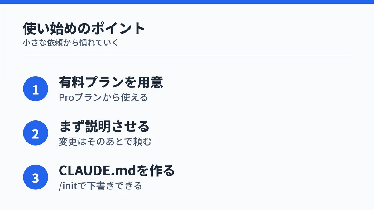 Claude Codeを使い始めるポイントのまとめ。有料プランを用意すること、まず説明させること、CLAUDE.mdを作ることの3点を示した図